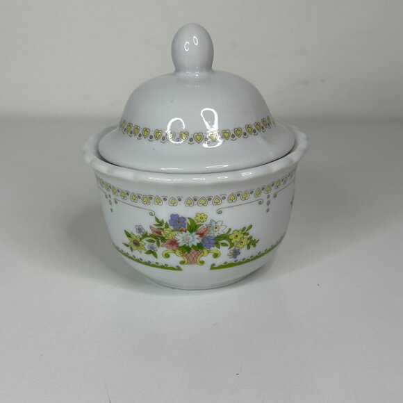 Small Ceramic Sugar Bowl With Lid Floral Pattern & Scalloped Edge 4" Marked GM - Picture 1 of 9